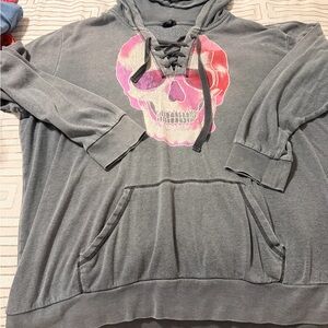 Torrid Gray Lace-Up Hoodie with Pink Skull Size 3